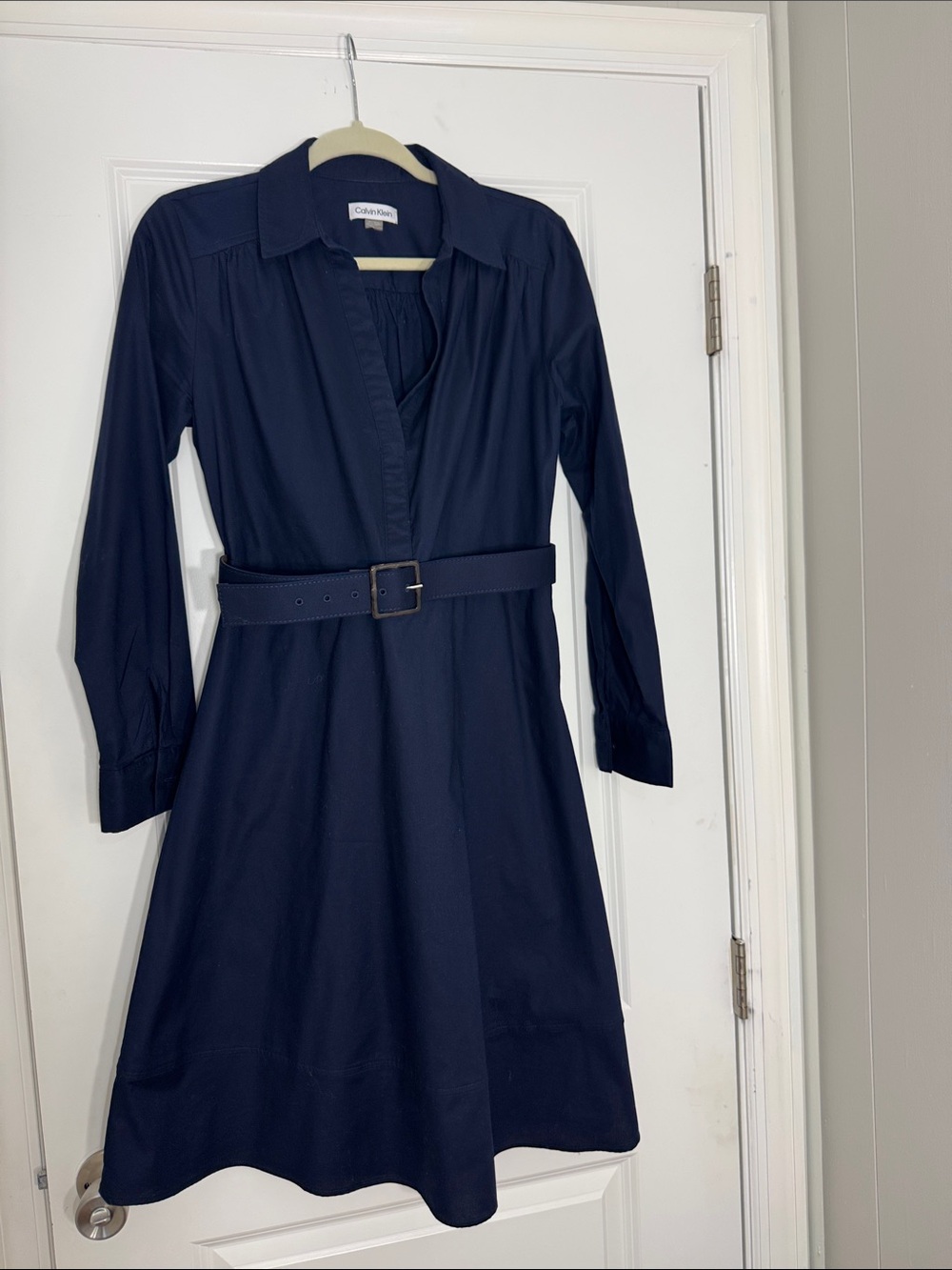 Calvin Klein Navy Long-Sleeve Belted Shirt Dress